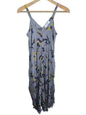 Mod Gray Mustard Floral V-neck Maxi Dress Side Slits Size Medium Casual Summer